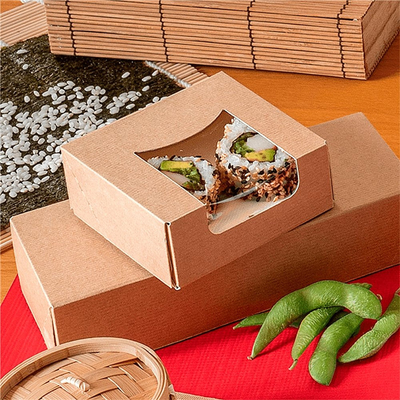 TAKE AWAY - Boîte à sushis avec fenêtre 10x10x4cm marron - 400PC - CleanServiceSA